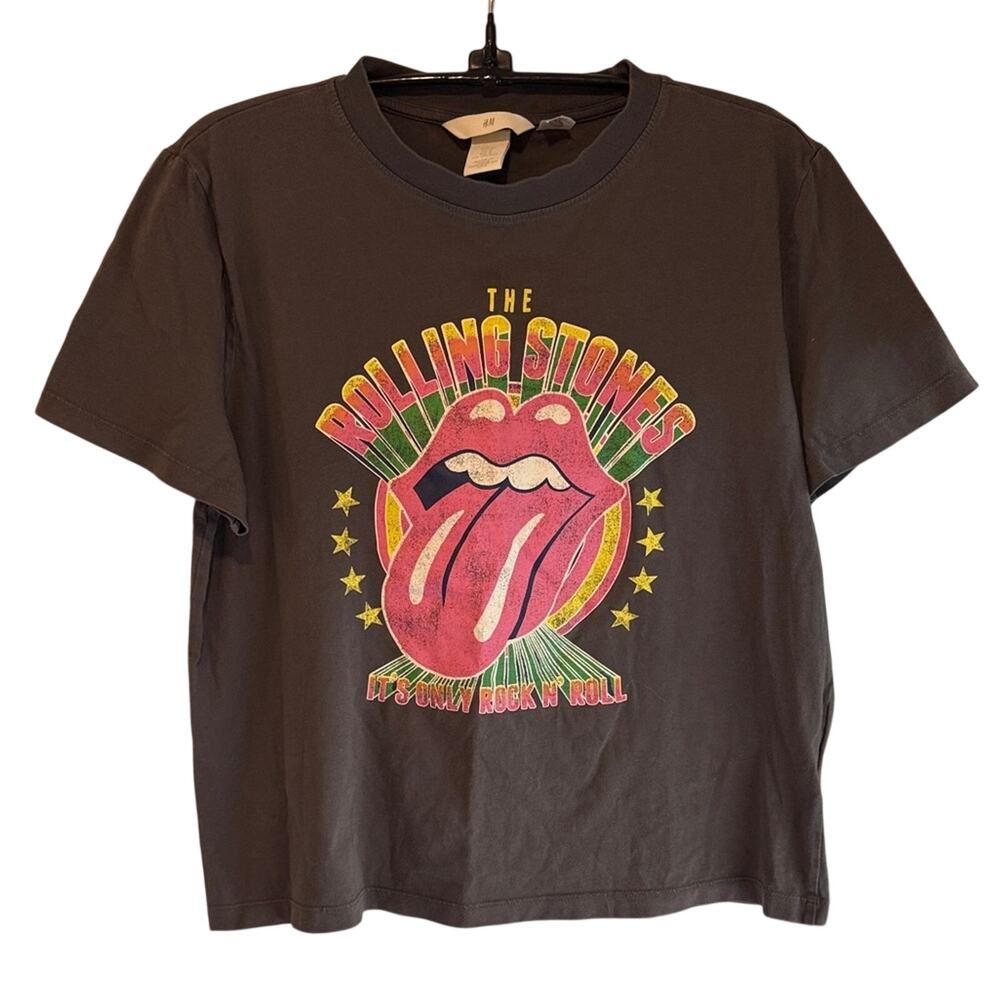 NWOT H&M Black band retro Tee with Pink & Yellow Rolling Stones Graphic medium